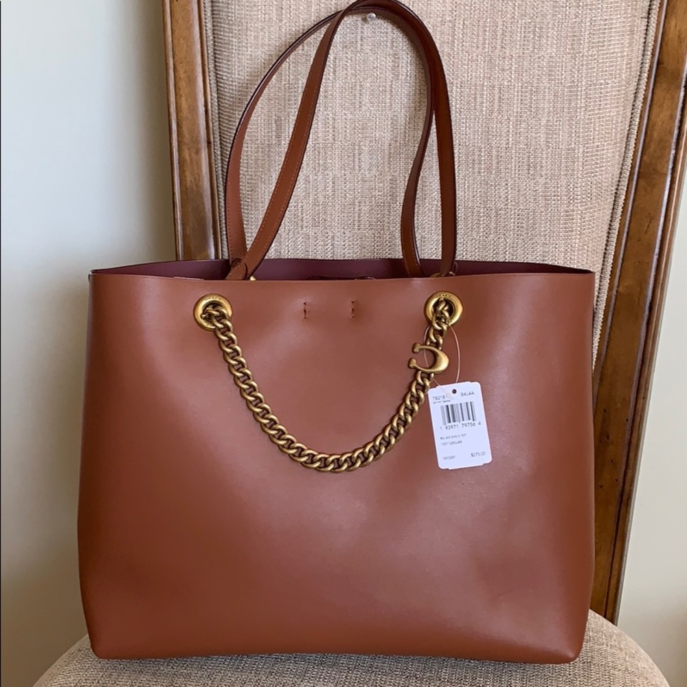 Coach Signature Chain Leather Tote Tan